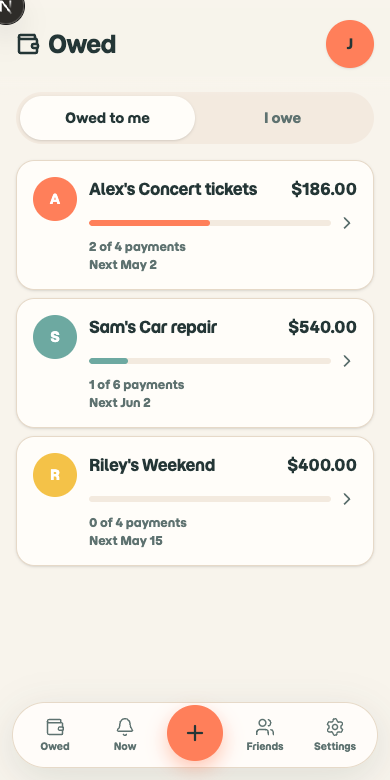 The owdme home screen, listing loans owed to you.