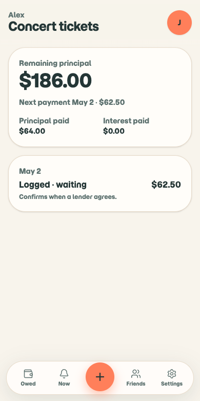 A loan in owdme, with the remaining balance and a payment waiting to be confirmed.