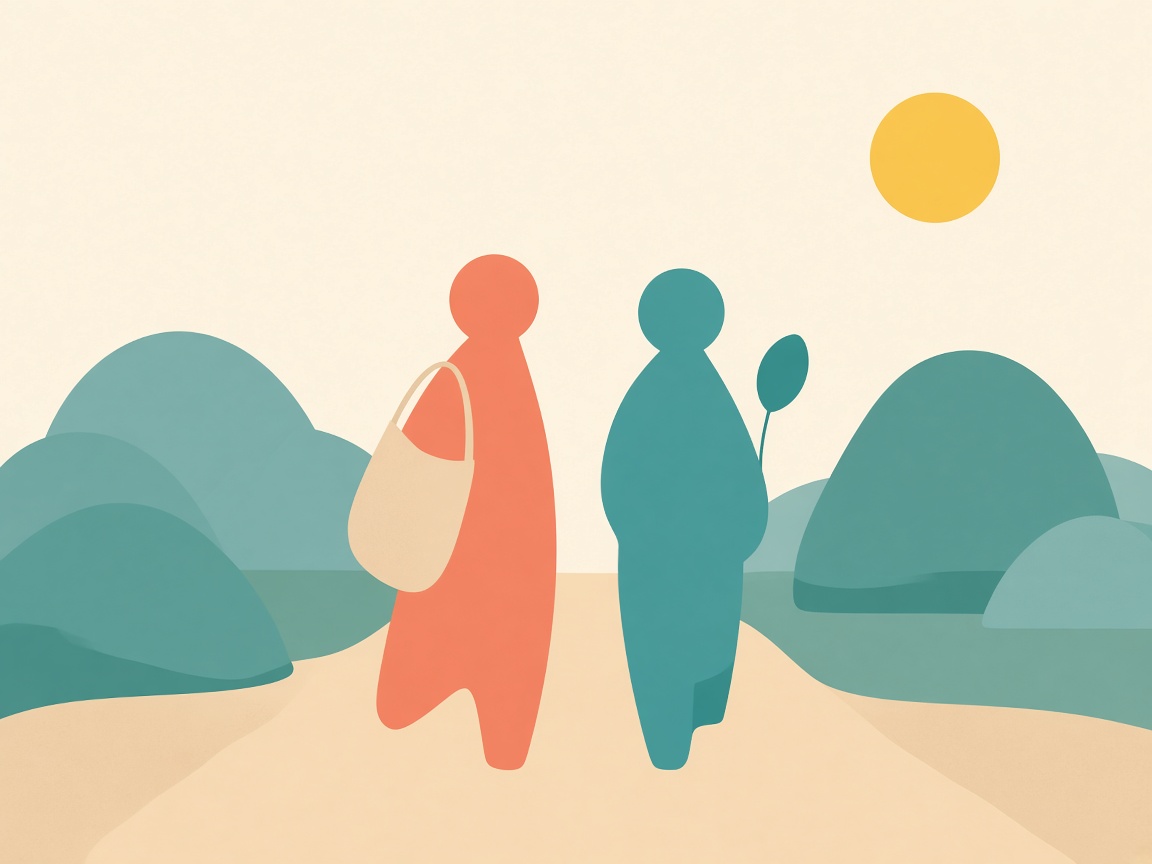 Two simplified figures walking side by side.